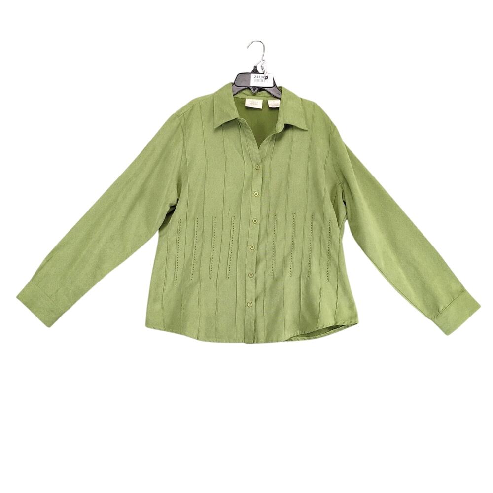 Vtg Baxter & Wells Green Faux Suede Button Up Shirt Women's XL Pintuck Pleats